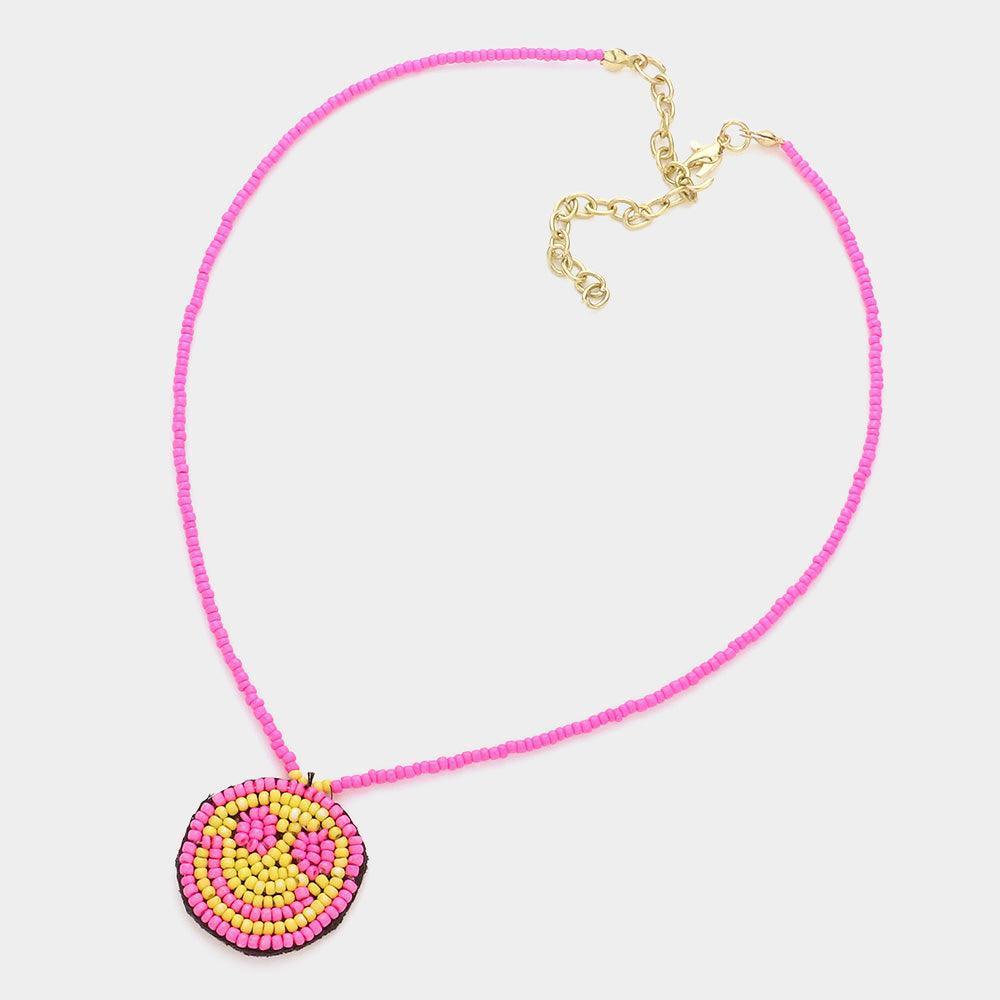Pink Felt Back Seed Beaded Smile Pendant Necklace - Jewelry Store by Erik Rayo