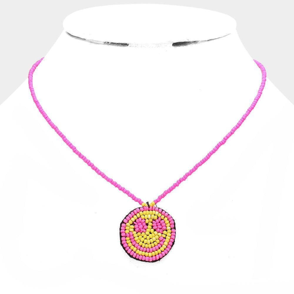 Pink Felt Back Seed Beaded Smile Pendant Necklace - Jewelry Store by Erik Rayo