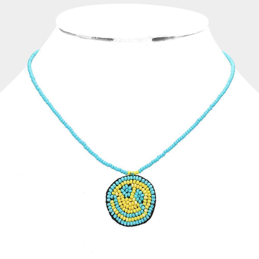 Turquoise Felt Back Seed Beaded Smile Pendant Necklace - Jewelry Store by Erik Rayo