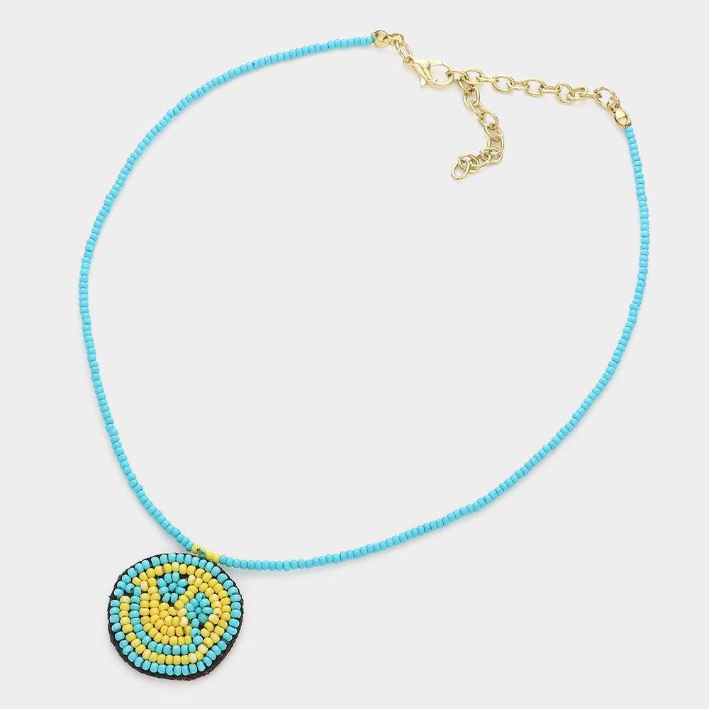 Turquoise Felt Back Seed Beaded Smile Pendant Necklace - Jewelry Store by Erik Rayo