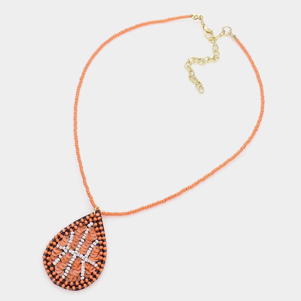 Brown Felt Back Sequin Beaded Basketball Teardrop Pendant Necklace - Jewelry Store by Erik Rayo