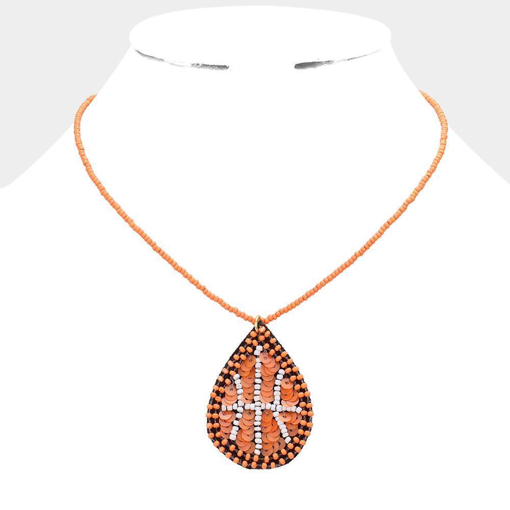 Brown Felt Back Sequin Beaded Basketball Teardrop Pendant Necklace - Jewelry Store by Erik Rayo