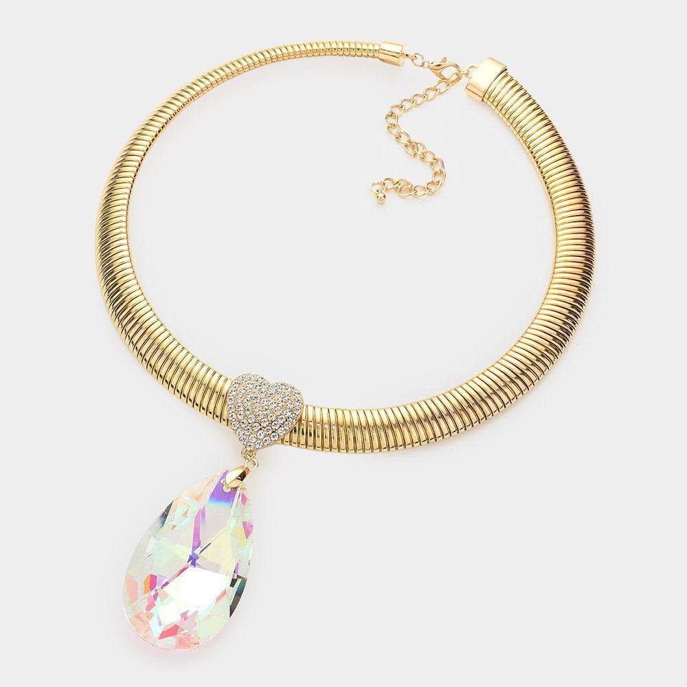 Gold Heart Teardrop Stone Link Necklace Rhinestone Paved - Jewelry Store by Erik Rayo