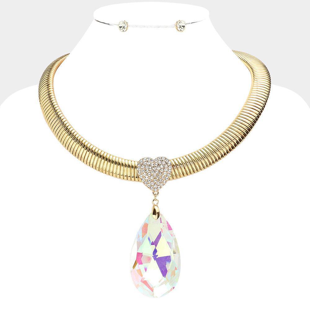 Gold Heart Teardrop Stone Link Necklace Rhinestone Paved - Jewelry Store by Erik Rayo