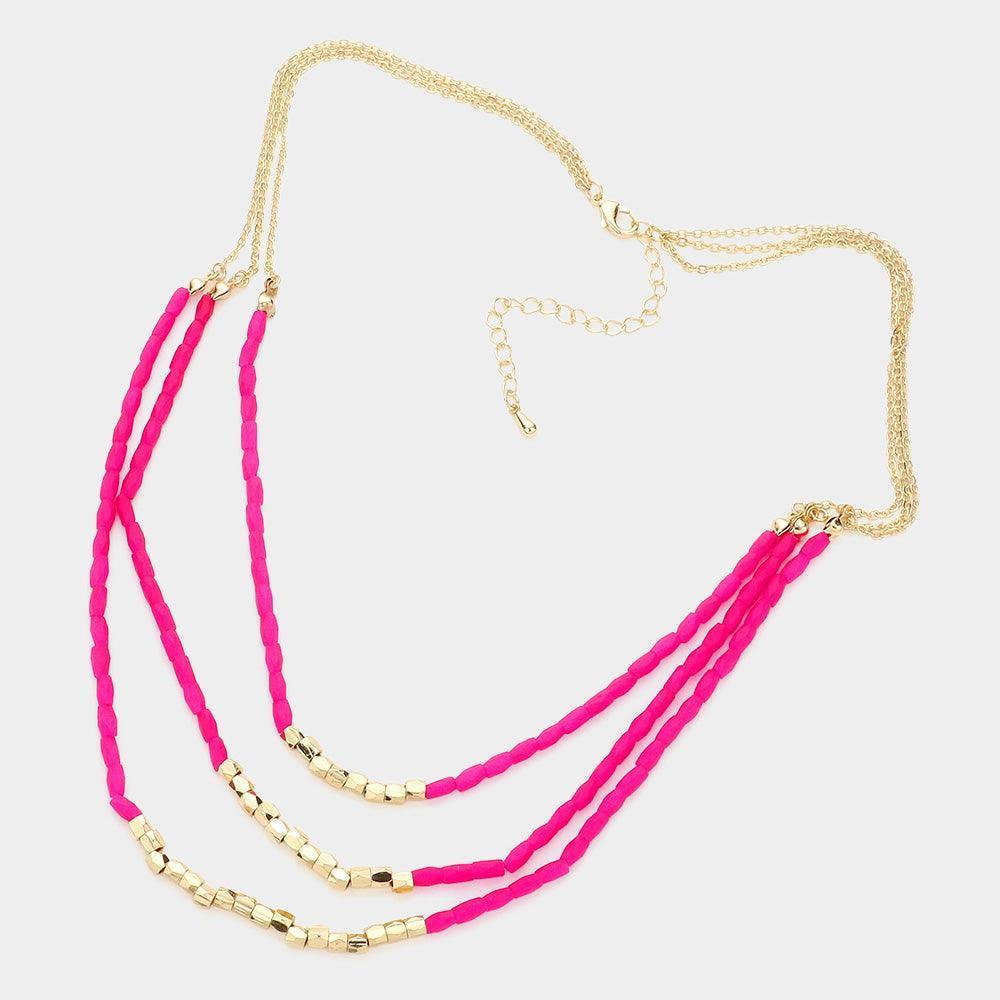 Fuchsia Faceted Beaded Triple Layered Bib Necklace - Jewelry Store by Erik Rayo