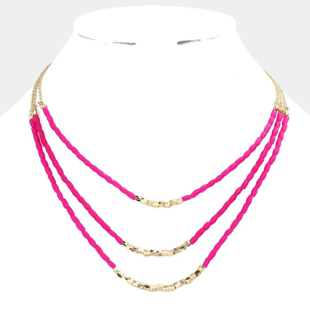 Fuchsia Faceted Beaded Triple Layered Bib Necklace - Jewelry Store by Erik Rayo