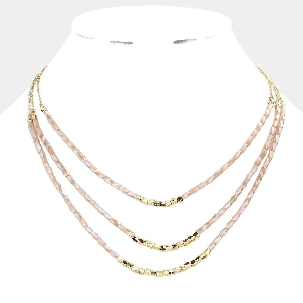 Pink Faceted Beaded Triple Layered Bib Necklace - Jewelry Store by Erik Rayo