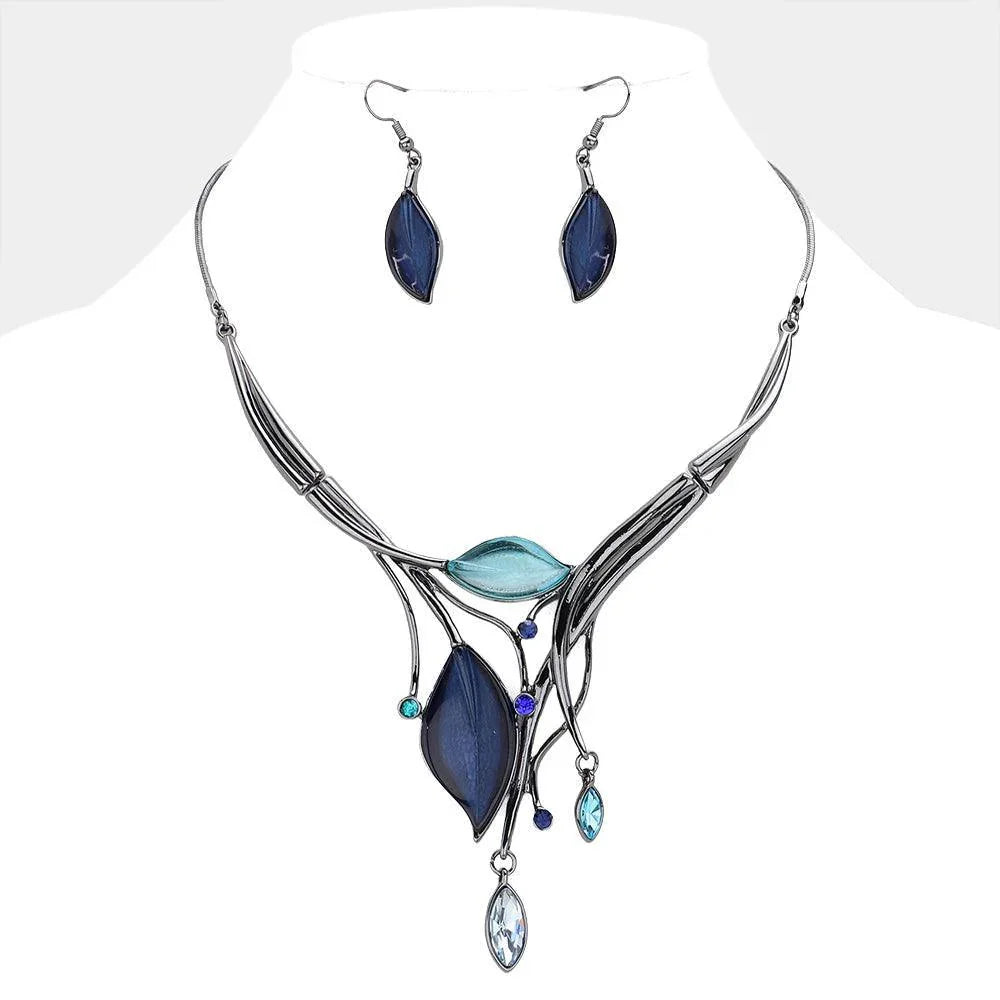 Blue Crystal detail epoxy leaf necklace - Jewelry Store by Erik Rayo