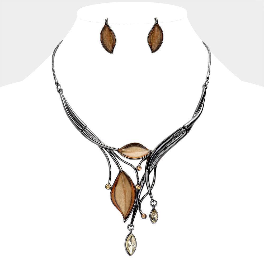 Brown Crystal detail epoxy leaf necklace - Jewelry Store by Erik Rayo