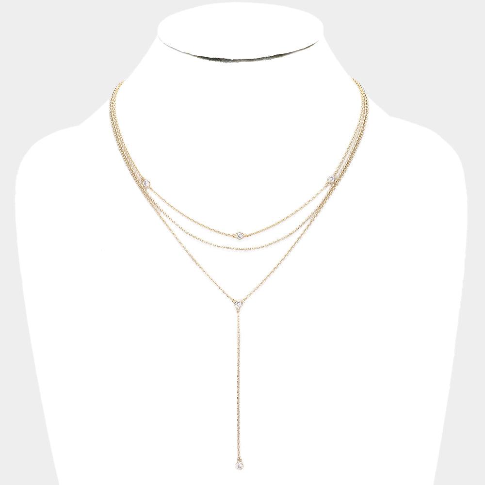 Gold Rhinestone Detail Triple Layered Y Necklace