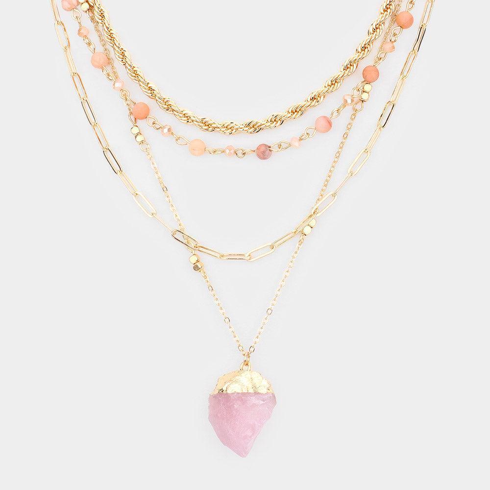 Pink Natural Stone Pendant Triple Layered Necklace - Jewelry Store by Erik Rayo