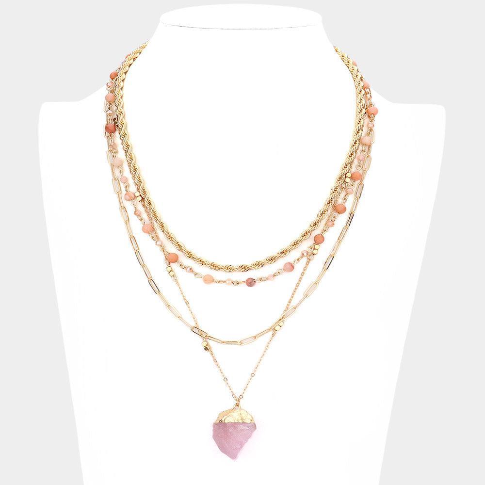 Pink Natural Stone Pendant Triple Layered Necklace - Jewelry Store by Erik Rayo