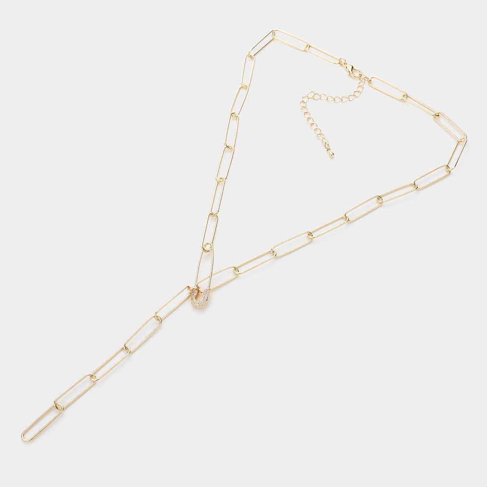 Gold CZ Safety Pin Accented Y Necklace - Jewelry Store by Erik Rayo