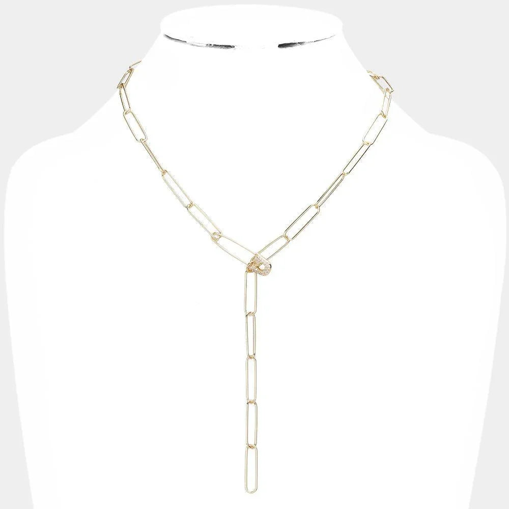 Gold CZ Safety Pin Accented Y Necklace - Jewelry Store by Erik Rayo