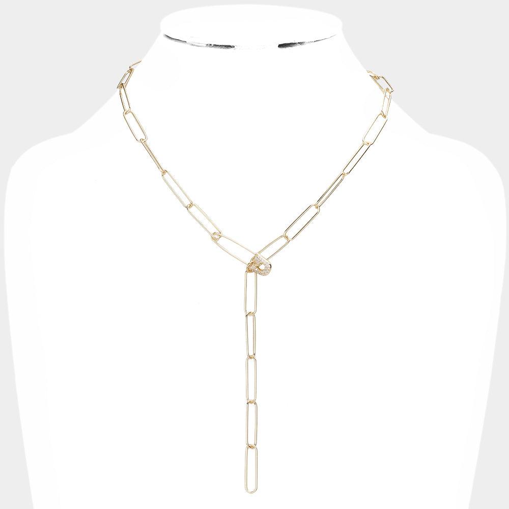 Gold CZ Safety Pin Accented Y Necklace