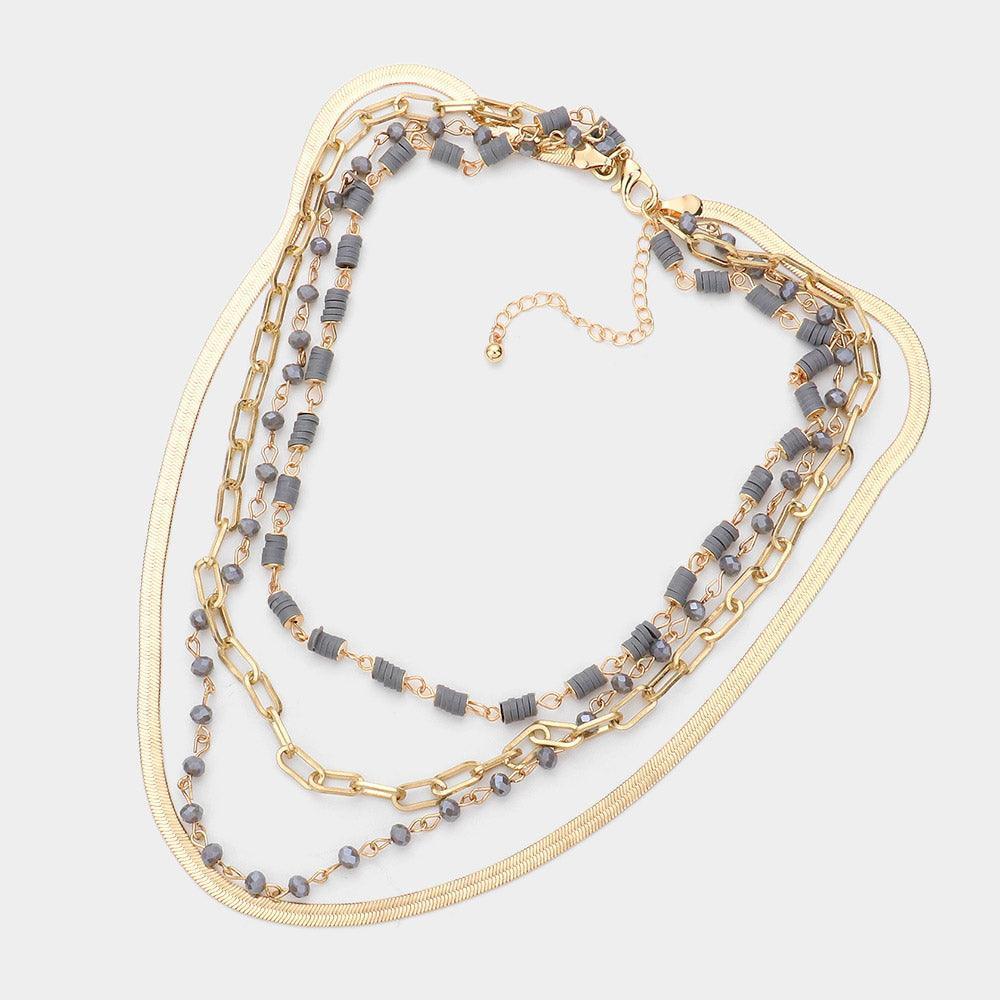 Gray Heishi Faceted Beaded Multi Layered Bib Necklace - Jewelry Store by Erik Rayo