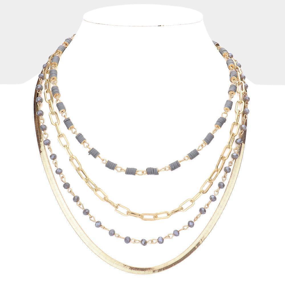 Gray Heishi Faceted Beaded Multi Layered Bib Necklace - Jewelry Store by Erik Rayo