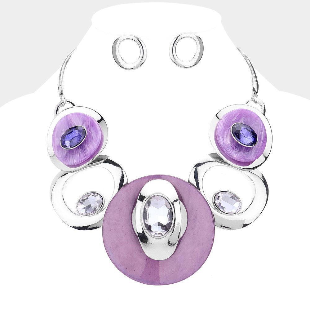 Silver Celluloid Acetate Glass Stone Metal Statement Necklace