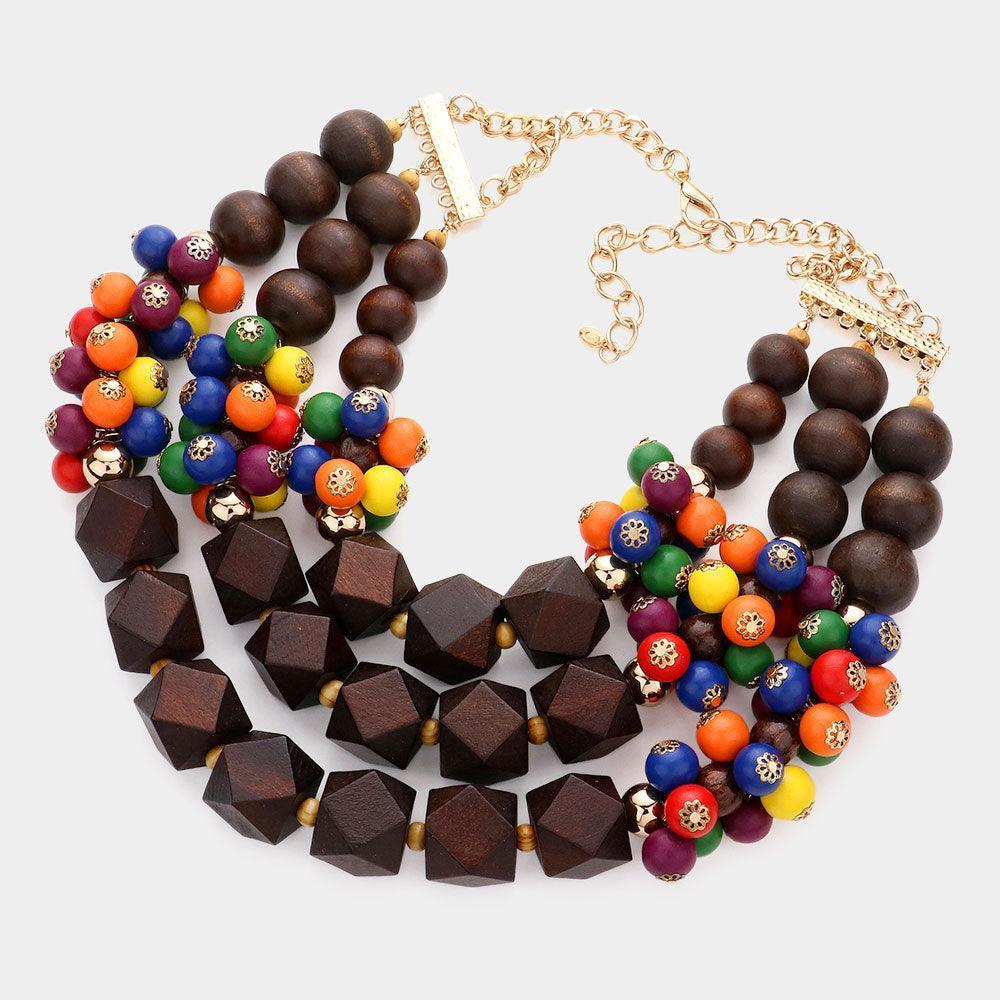 Colorful Wood Ball Pointed Triple Layered Necklace - Jewelry Store by Erik Rayo