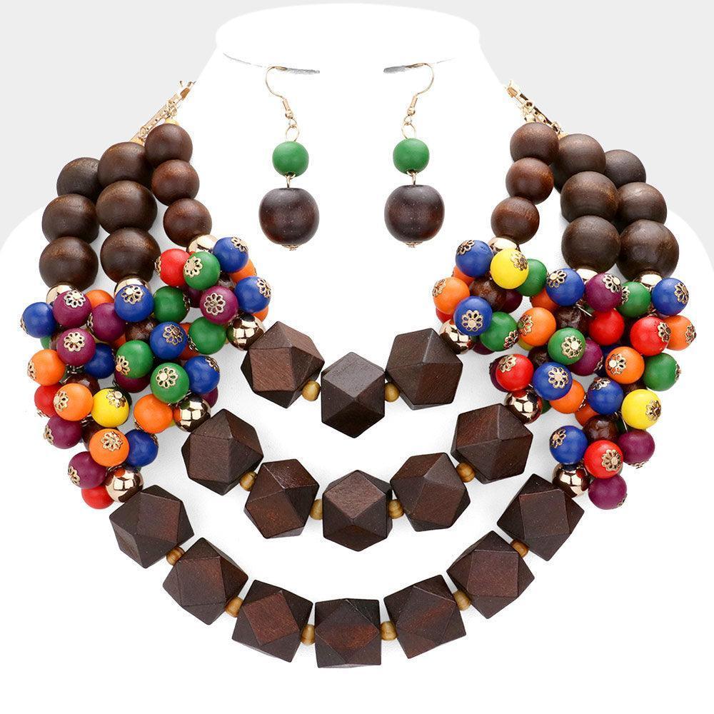 Colorful Wood Ball Pointed Triple Layered Necklace - Jewelry Store by Erik Rayo