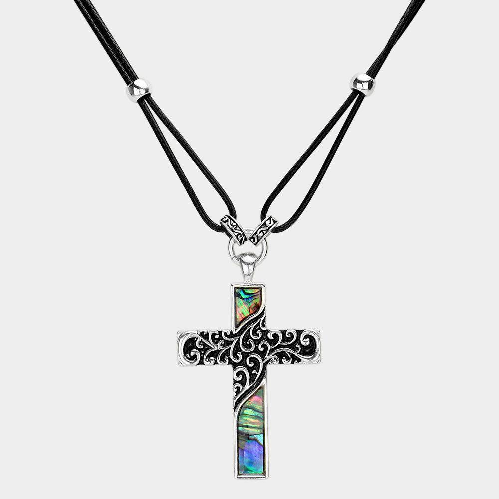 Abalone Embossed Antique Metal Cross Pendant Necklace - Jewelry Store by Erik Rayo