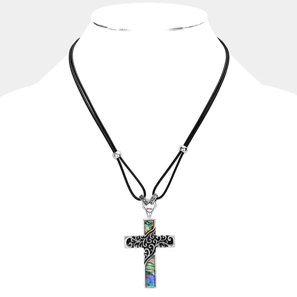Abalone Embossed Antique Metal Cross Pendant Necklace - Jewelry Store by Erik Rayo