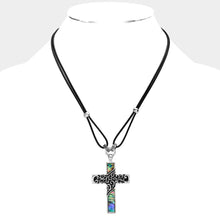 Load image into Gallery viewer, Abalone Embossed Antique Metal Cross Pendant Necklace
