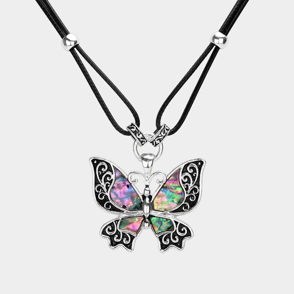 Abalone Embossed Antique Metal Butterfly Pendant Necklace - Jewelry Store by Erik Rayo