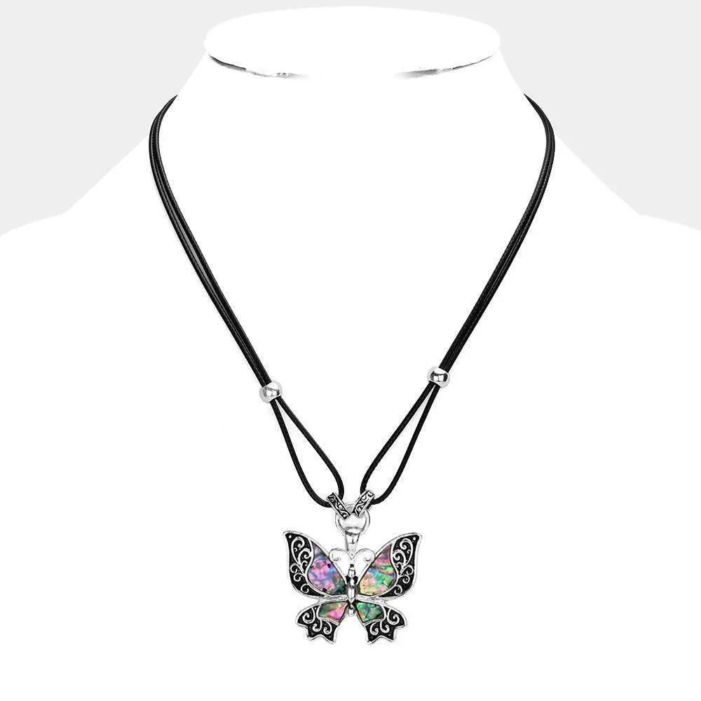 Abalone Embossed Antique Metal Butterfly Pendant Necklace - Jewelry Store by Erik Rayo
