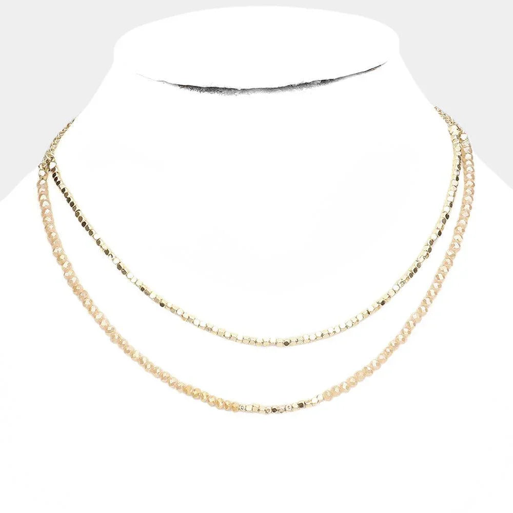 Beige Double Layered Metal Cube Faceted Beaded Necklace - Jewelry Store by Erik Rayo