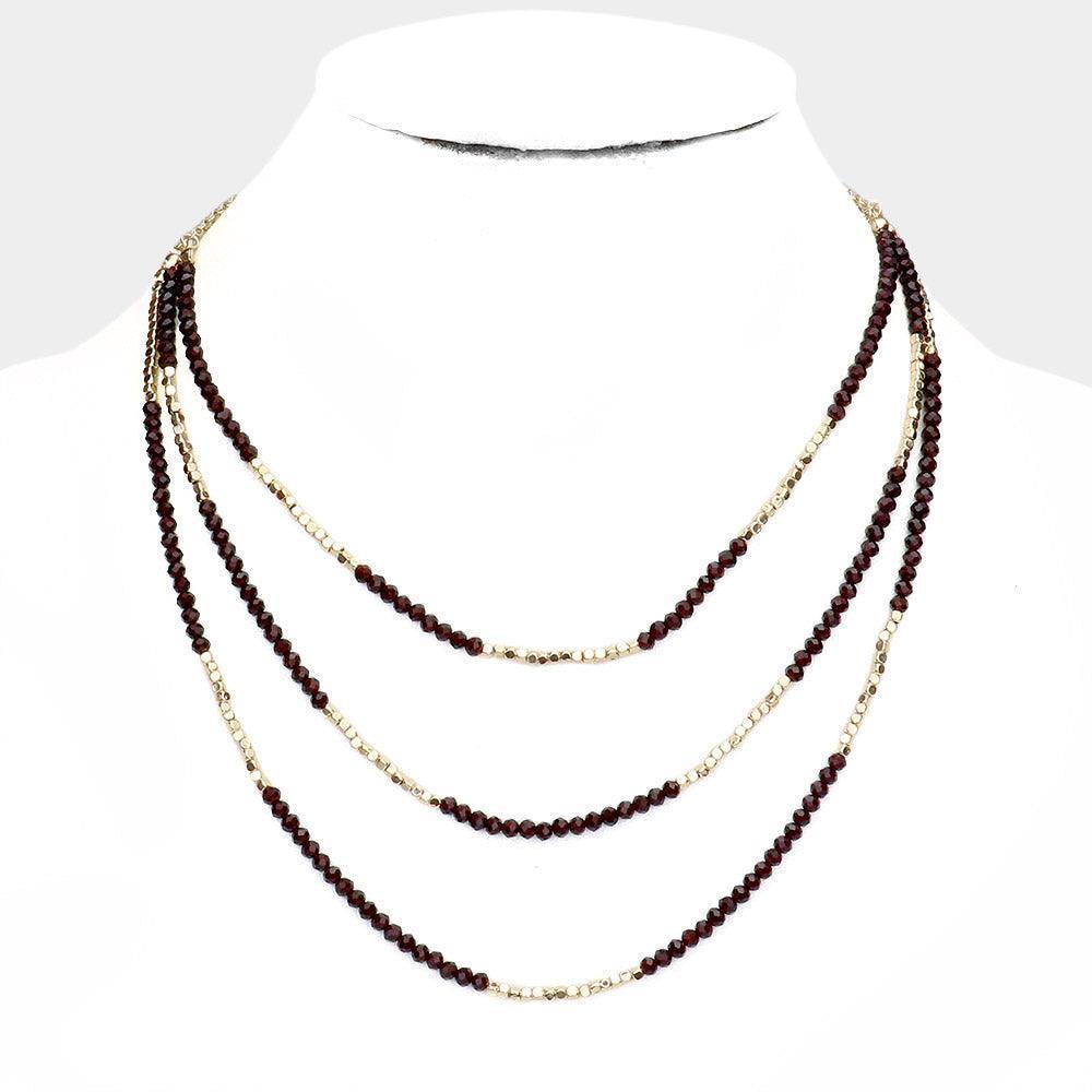 Burgundy Triple Layered Metal Cube Faceted Beaded Necklace - Jewelry Store by Erik Rayo