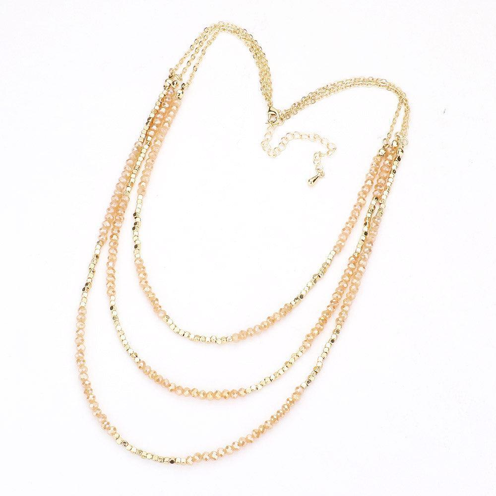 Beige Triple Layered Metal Cube Faceted Beaded Necklace - Jewelry Store by Erik Rayo