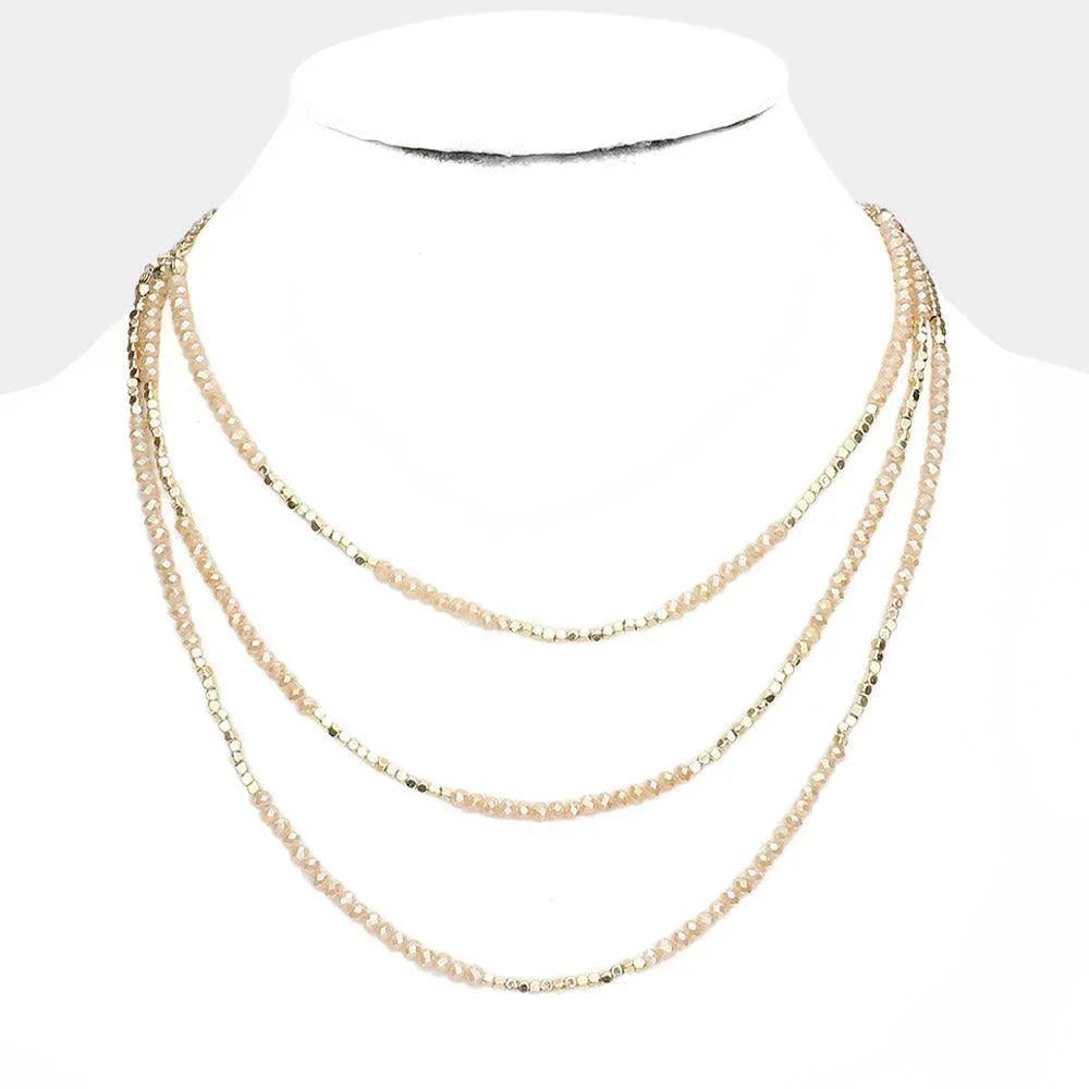 Beige Triple Layered Metal Cube Faceted Beaded Necklace - Jewelry Store by Erik Rayo