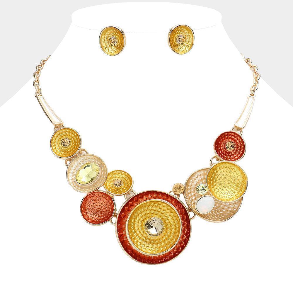Brown Stone Embellished Colored Round Metal Cluster Necklace - Jewelry Store by Erik Rayo