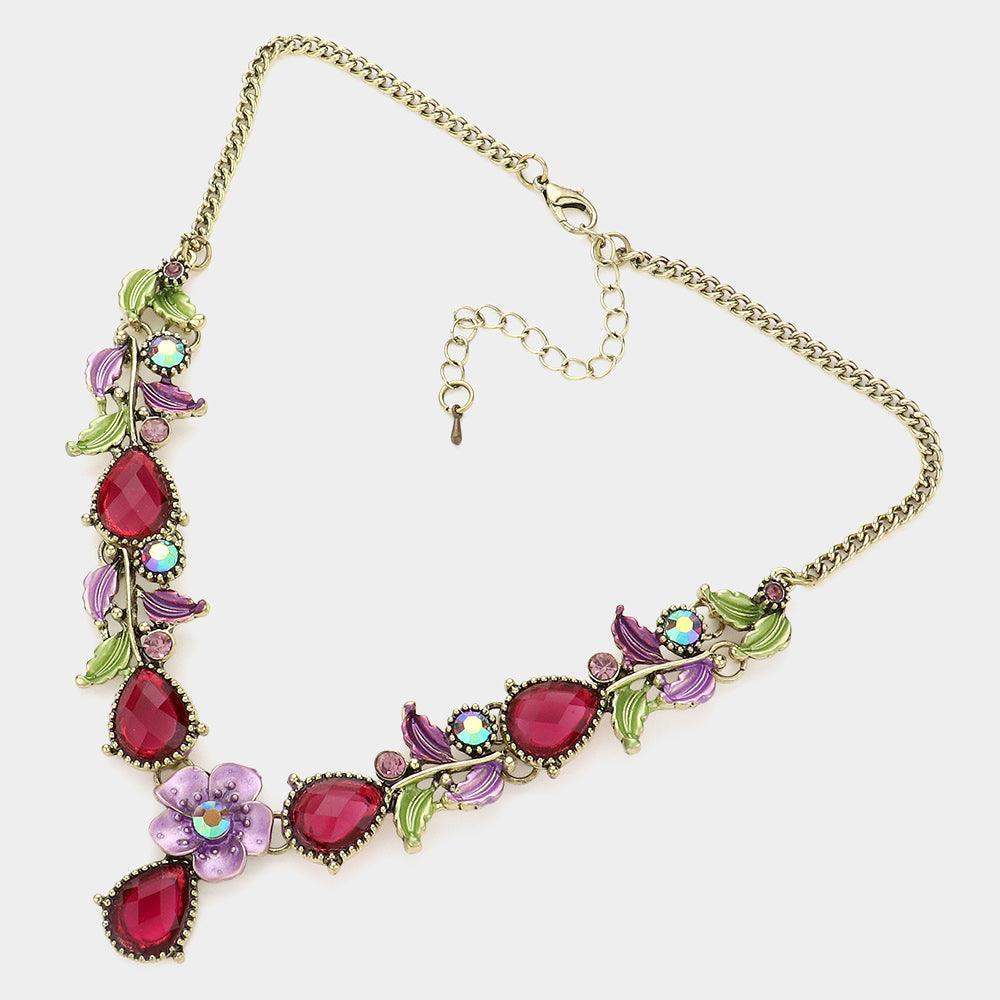 Gold Colored Metal Flower Leaf Teardrop Stone Bib Necklace - Jewelry Store by Erik Rayo