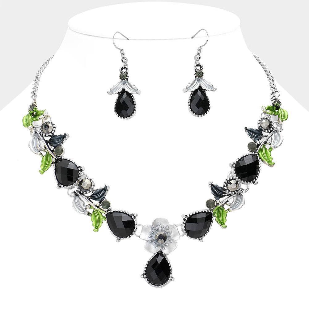 Silver Colored Metal Flower Leaf Teardrop Stone Bib Necklace - Jewelry Store by Erik Rayo