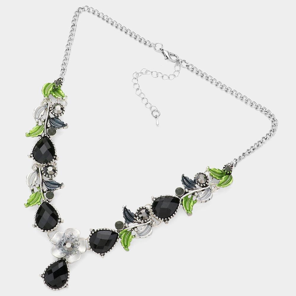Silver Colored Metal Flower Leaf Teardrop Stone Bib Necklace - Jewelry Store by Erik Rayo
