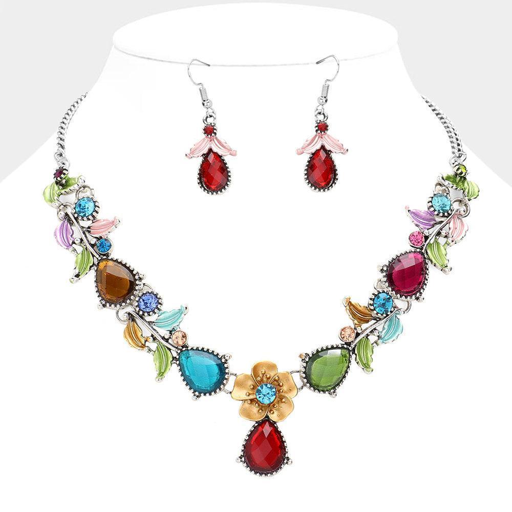 Silver Colored Metal Flower Leaf Teardrop Stone Bib Necklace - Jewelry Store by Erik Rayo