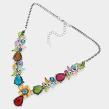 Load image into Gallery viewer, Silver Colored Metal Flower Leaf Teardrop Stone Bib Necklace
