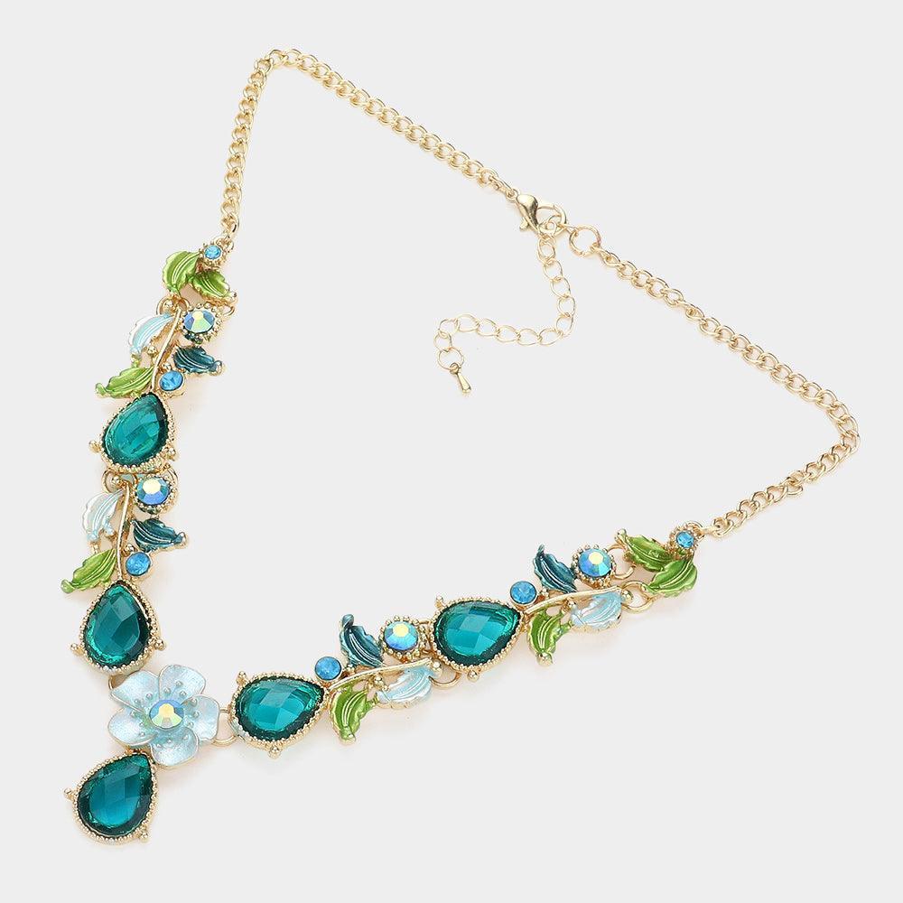 Blue Colored Metal Flower Leaf Teardrop Stone Bib Necklace - Jewelry Store by Erik Rayo