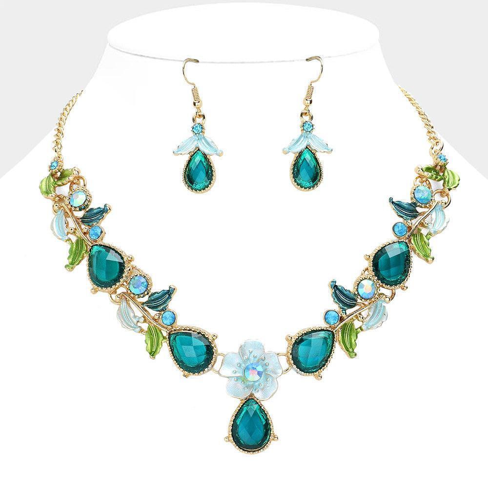 Blue Colored Metal Flower Leaf Teardrop Stone Bib Necklace - Jewelry Store by Erik Rayo