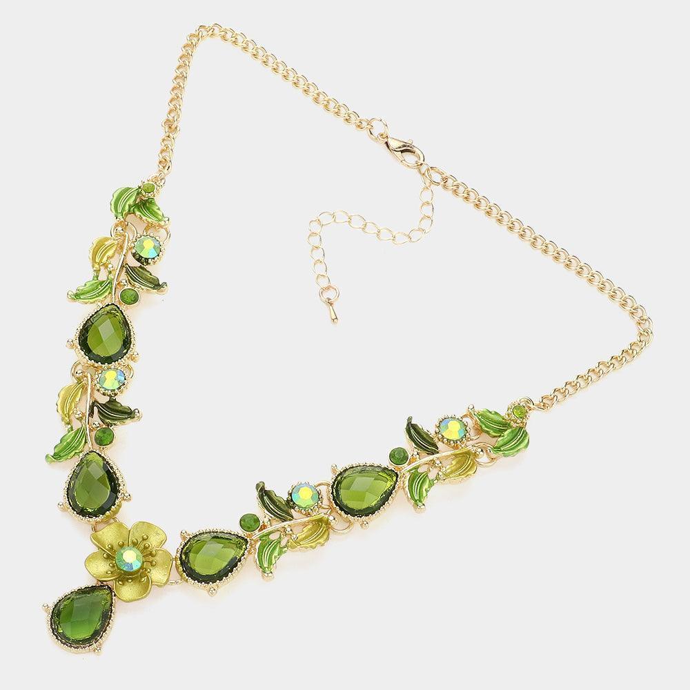 Green Colored Metal Flower Leaf Teardrop Stone Bib Necklace - Jewelry Store by Erik Rayo