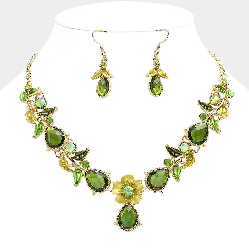 Green Colored Metal Flower Leaf Teardrop Stone Bib Necklace - Jewelry Store by Erik Rayo