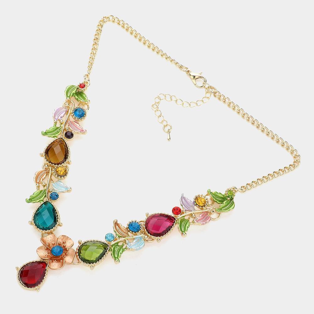 Gold Colored Metal Flower Leaf Teardrop Stone Bib Necklace - Jewelry Store by Erik Rayo