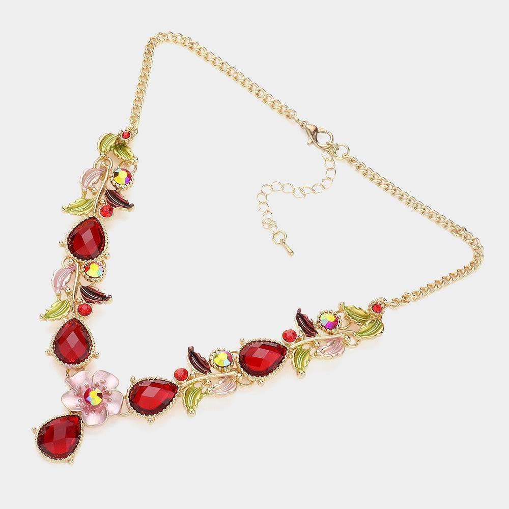 Red Colored Metal Flower Leaf Teardrop Stone Bib Necklace - Jewelry Store by Erik Rayo