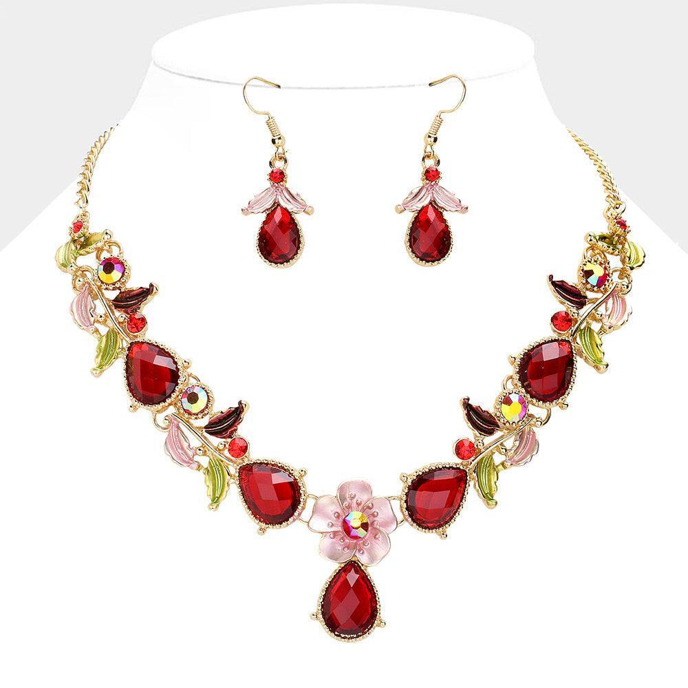 Red Colored Metal Flower Leaf Teardrop Stone Bib Necklace - Jewelry Store by Erik Rayo