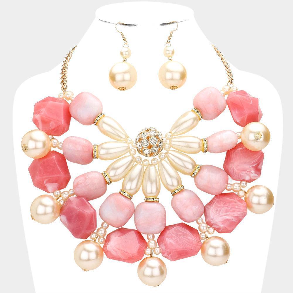 Coral Pearl Marbled Stone Cluster Statement Necklace - Jewelry Store by Erik Rayo