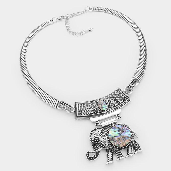 Natural Stone Embossed Metal Elephant Pendant Necklace - Jewelry Store by Erik Rayo