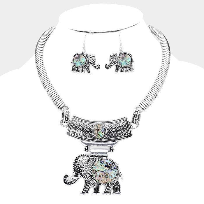 Natural Stone Embossed Metal Elephant Pendant Necklace - Jewelry Store by Erik Rayo