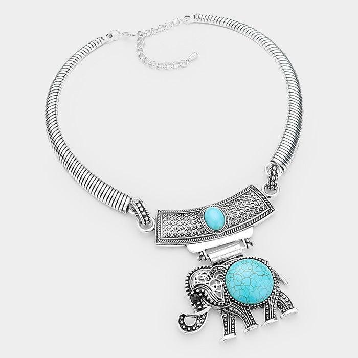 Turquoise Natural Stone Embossed Metal Elephant Pendant Necklace - Jewelry Store by Erik Rayo